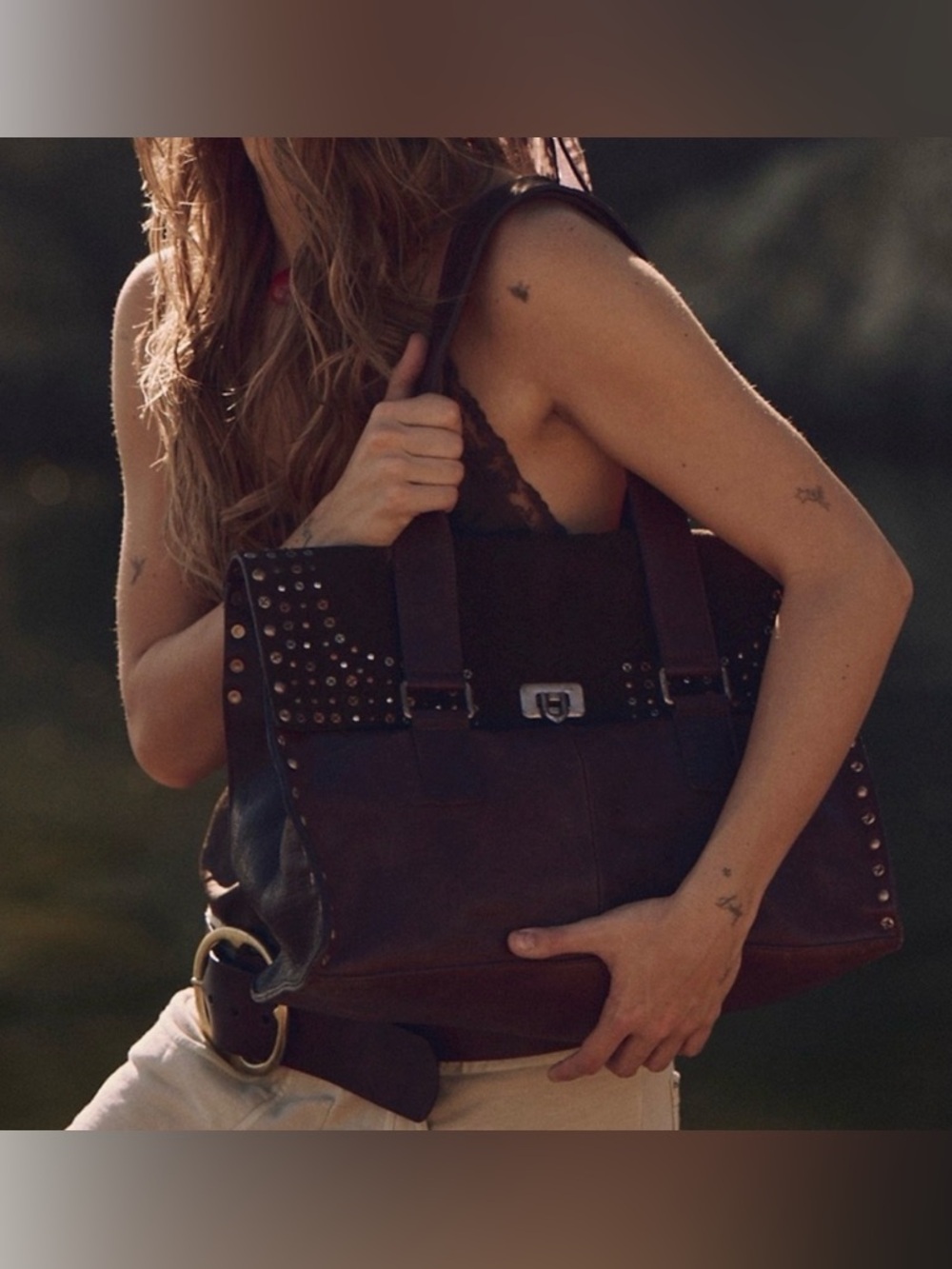 NWT FREE PEOPLE We The Free Shay Stud Tote Handbag Bag Studded Espresso Brown - Picture 6 of 13